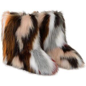⚡Women Gray With Brown Faux Fur Winter Warm Knee High Flat Heel Fluffy Snow Boot